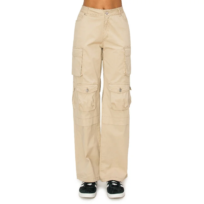 Women's Jodhpurs with Full LengthStretch Twill Low Rise Multi Pockets Cargo Pants - Khaki