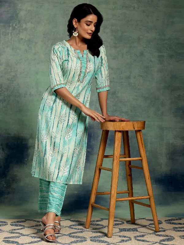 Women's Jumpsuits with Collarless NeckBlue Printed Rayon Straight Kurta Set