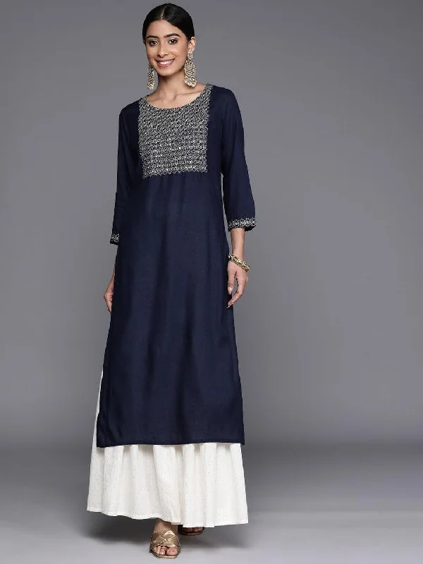 Women's Jumpsuits with Boat NeckNavy Blue Yoke Design Rayon Straight Kurta