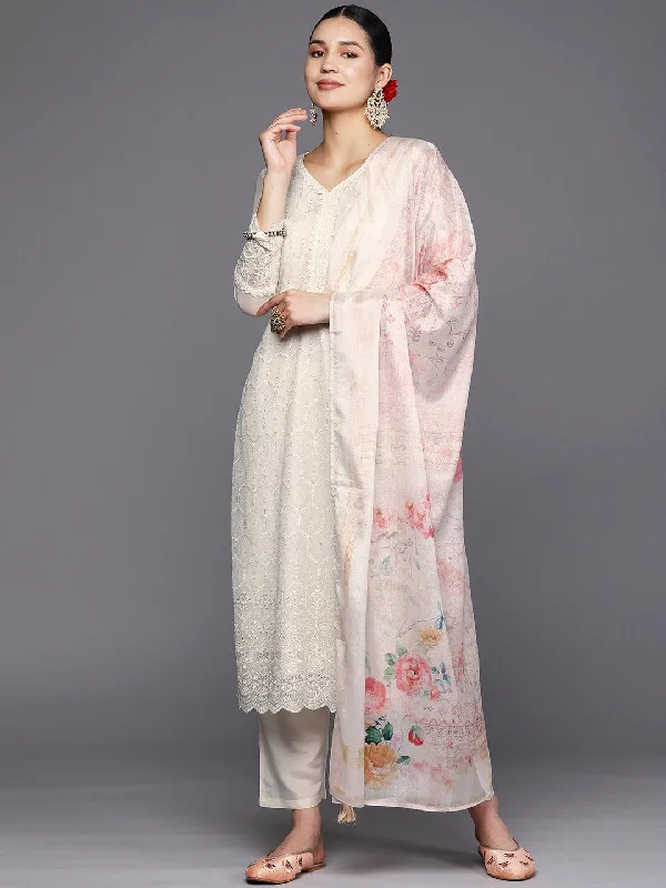 Women's Jumpsuits with Shawl CollarOff-White Embroidered Georgette Straight Kurta With Trousers & Dupatta