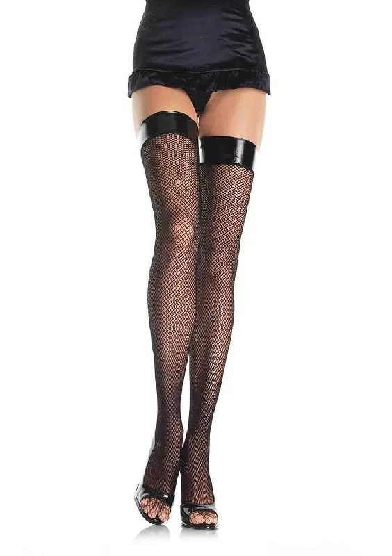 full-body suit for evening gownsVinyl Top Fishnet Thigh Highs - One Size - Black