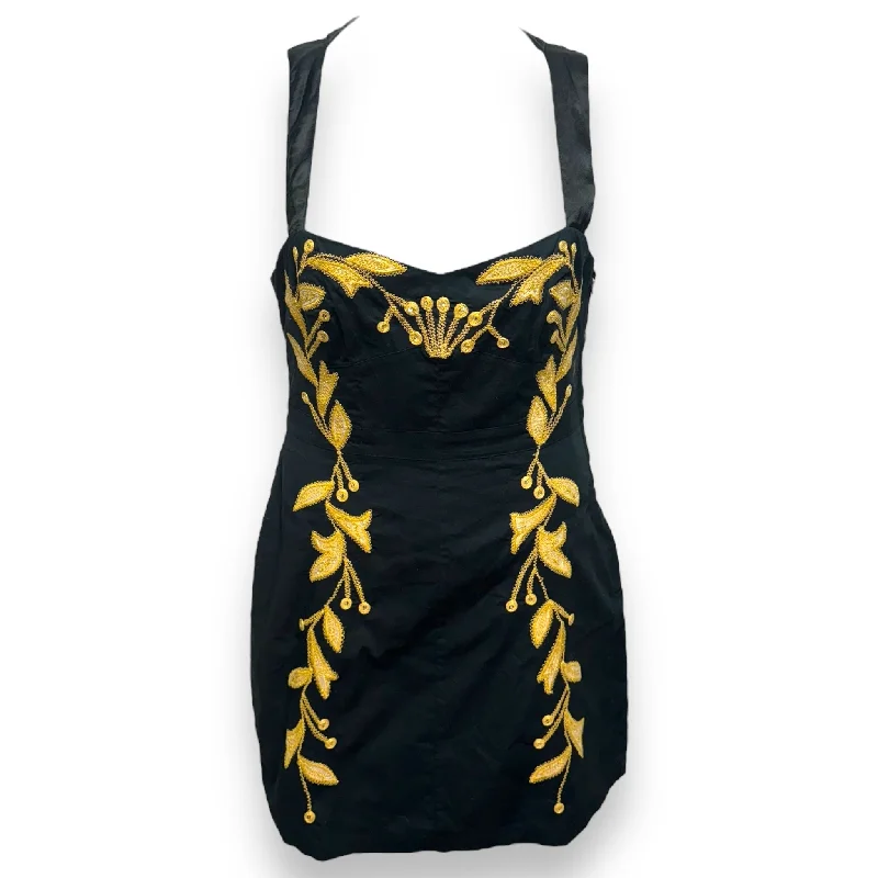 Women's Lapel Collar DressesLeaf Motif Mini Dress By Free People In Black & Gold, Size: 12