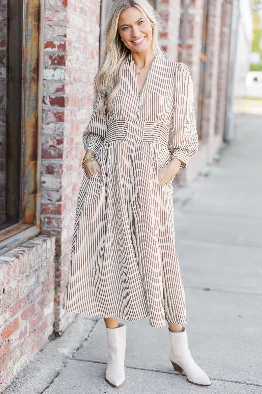 Women's Shawl Collar DressesHow You Love Brown Striped Midi Dress