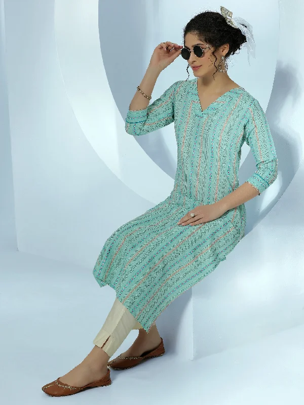 Women's Jumpsuits with Shawl CollarSea Green Woven Design Cotton Straight Kurta