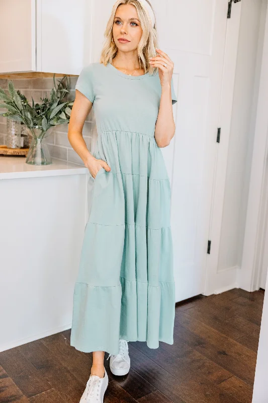 Women's Mandarin-Neck DressesSweet Memories Sage Green Tiered Midi Dress