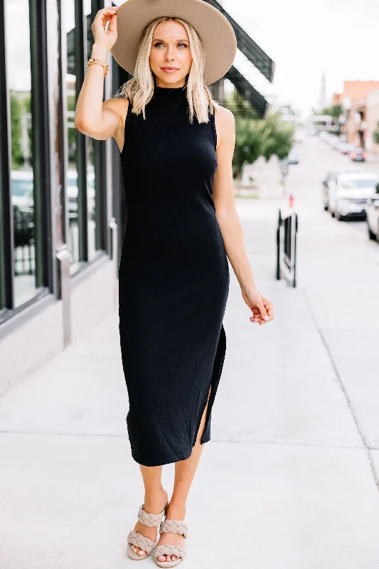 Women's Lapel Collar DressesAbove All Else Black Ribbed Midi Dress