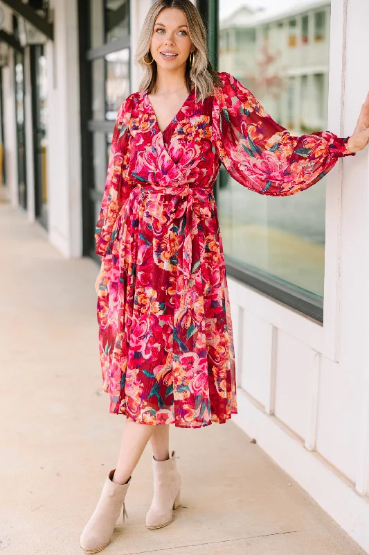 Women's Low Collar DressesGive You A Chance Burgundy Red Floral Midi Dress