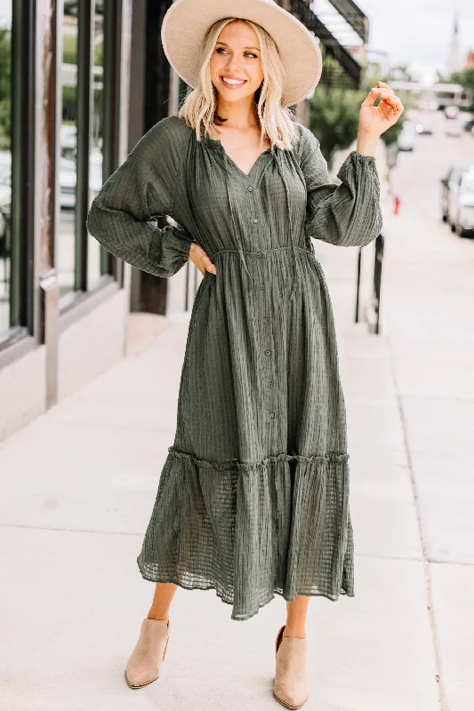 Women's Cap-Sleeve DressesLinked In Love Olive Green Midi Dress