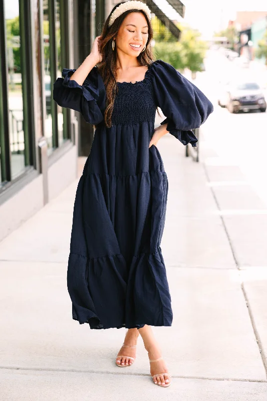 Women's Shirt Collar DressesMake An Entrance Navy Blue Tiered Midi Dress