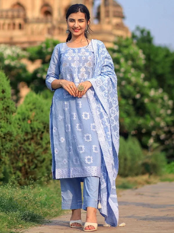 Women's Jumpsuits with Narrow CollarBlue Woven Design Cotton Straight Suit With Dupatta