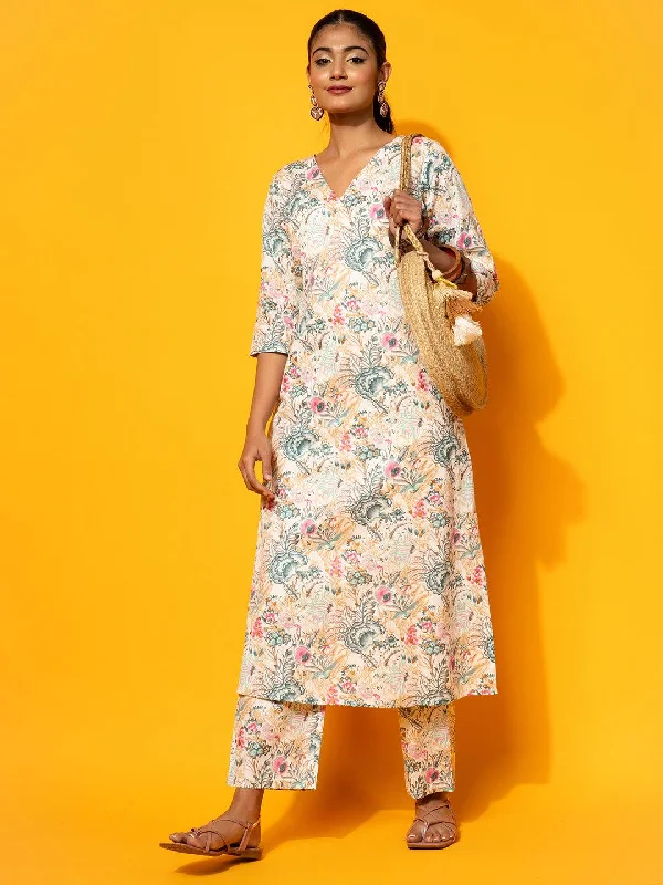 Women's Jumpsuits with High CollarCream Printed Cotton Co-Ords