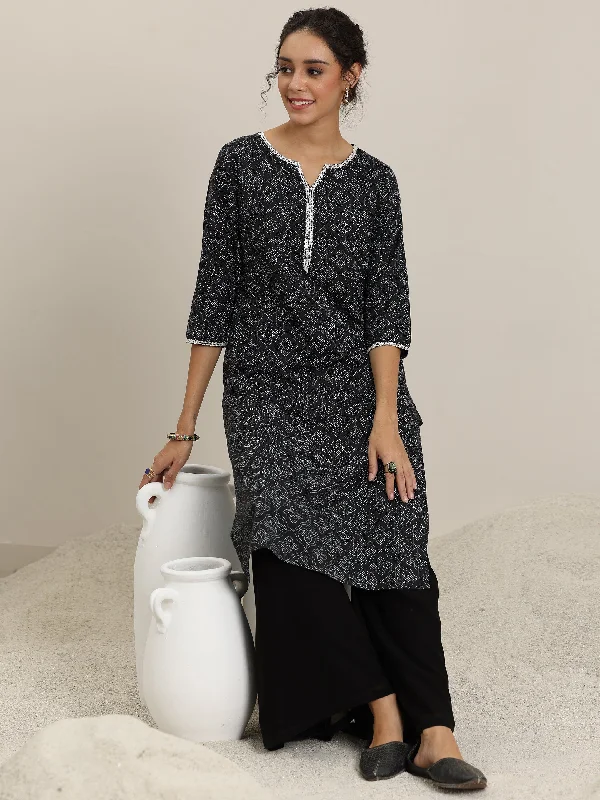 Women's Jumpsuits with Peter Pan CollarBlack Printed Cotton Straight Kurta