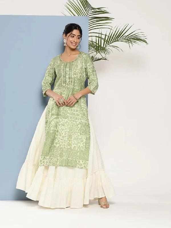 Women's Jumpsuits with Boat CollarGreen Printed Silk Straight Kurta