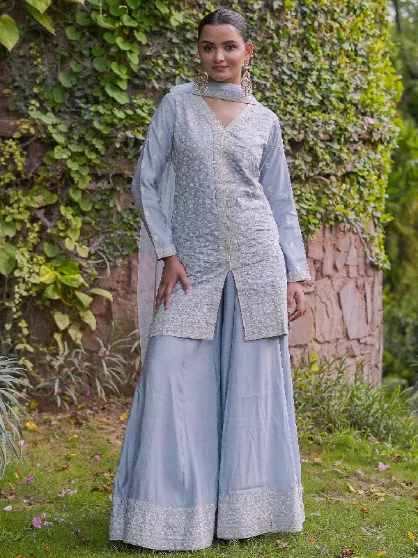 Women's Jumpsuits with Square CollarLibas Art Grey Embroidered Silk Blend Straight Suit With Dupatta