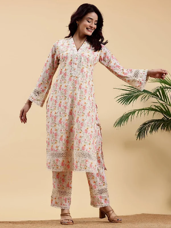 Women's Jumpsuits with Sweetheart NeckBeige Printed Cotton A-Line Kurta With Palazzos