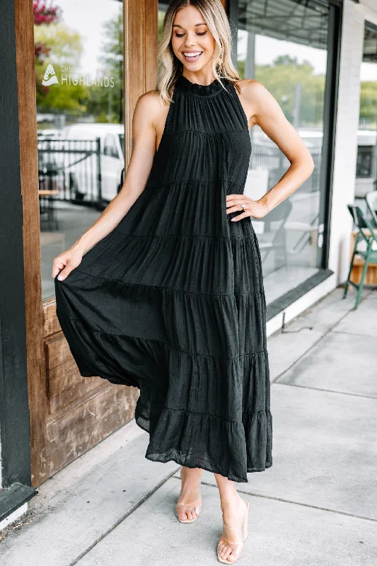 Women's Halter DressesCome To Me Black Tiered Midi Dress