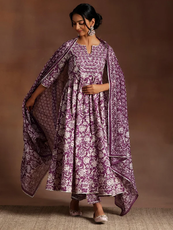 Women's Jumpsuits with Peter Pan CollarPurple Printed Cotton Anarkali Suit With Dupatta