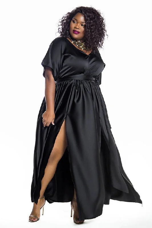 Women's V-Neck DressesBlack Bat Sleeved Maxi Dress- JIBRI