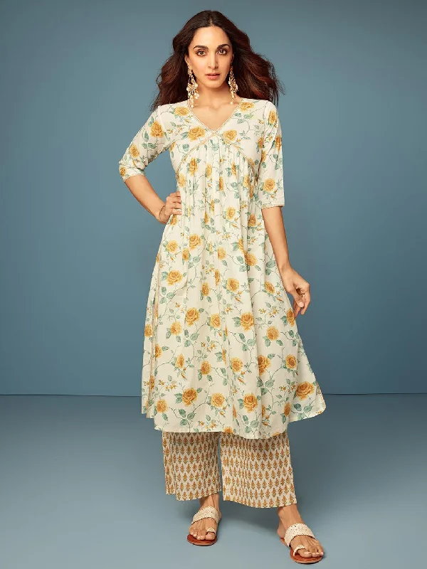 Women's Jumpsuits with Notched CollarTamannah Off white Printed Cotton A-Line Kurta With Palazzos