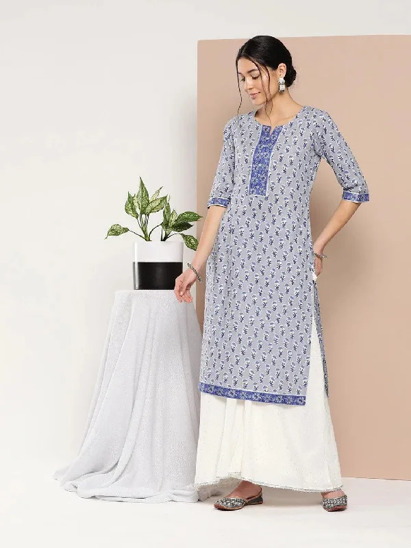 Women's Jumpsuits with BeltBlue Printed Cotton Straight Kurta