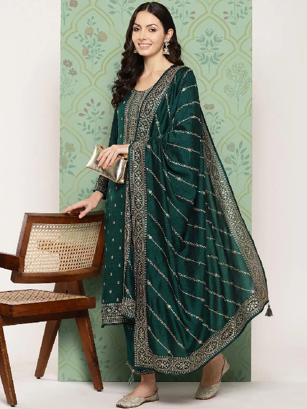 Women's Jumpsuits with Keyhole CollarTeal Embroidered Silk Blend Straight Suit With Dupatta