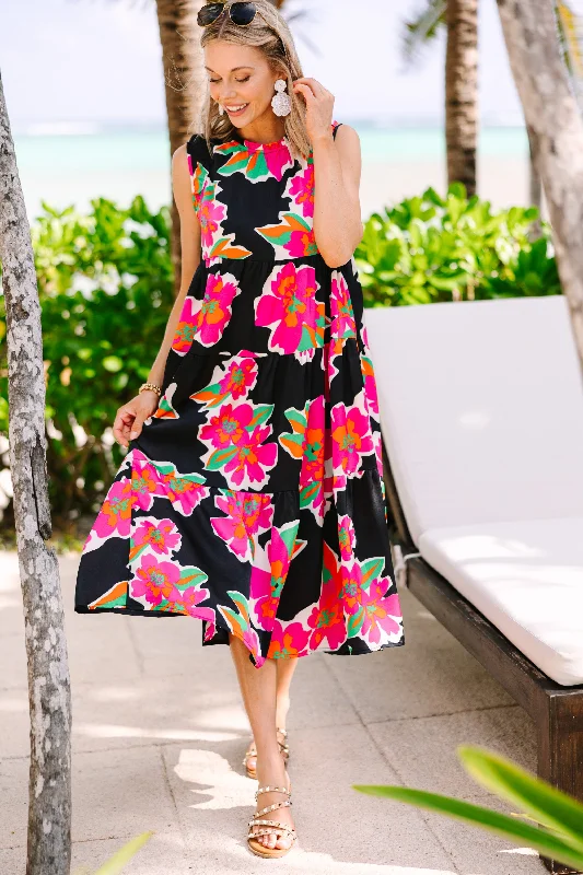 Women's Boat Collar DressesSee You There Black Floral Midi Dress