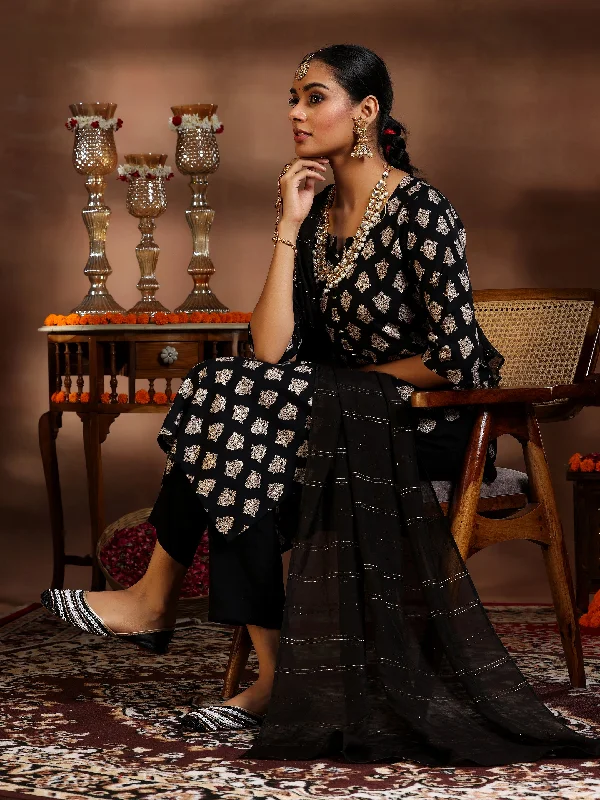 Women's Jumpsuits with Wide LegBlack Printed Silk Blend Straight Suit With Dupatta