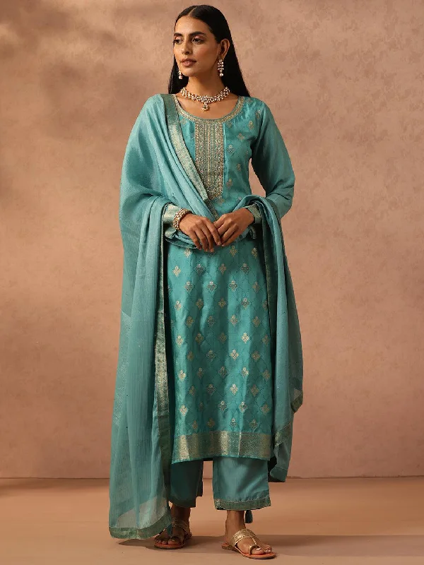 Women's Jumpsuits with Wide CollarGreen Self Design Silk Blend Pakistani Suit