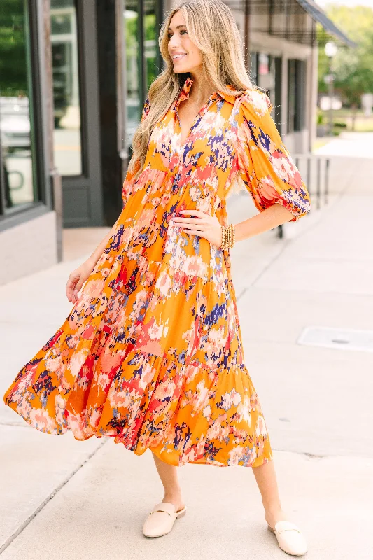 Women's Collarless DressesThink It Through Orange Floral Babydoll Midi Dress