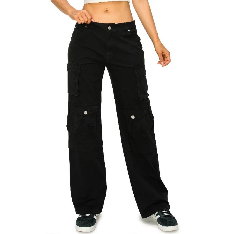 Women's Jodhpurs with Straight LegStretch Twill Low Rise Multi Pockets Cargo Pants - Black