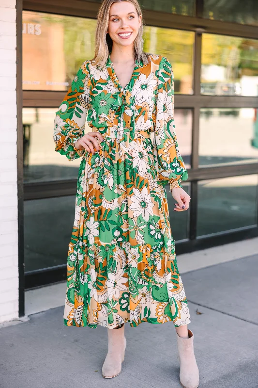  Women's A-Line DressesAll For You Green Floral Midi Dress