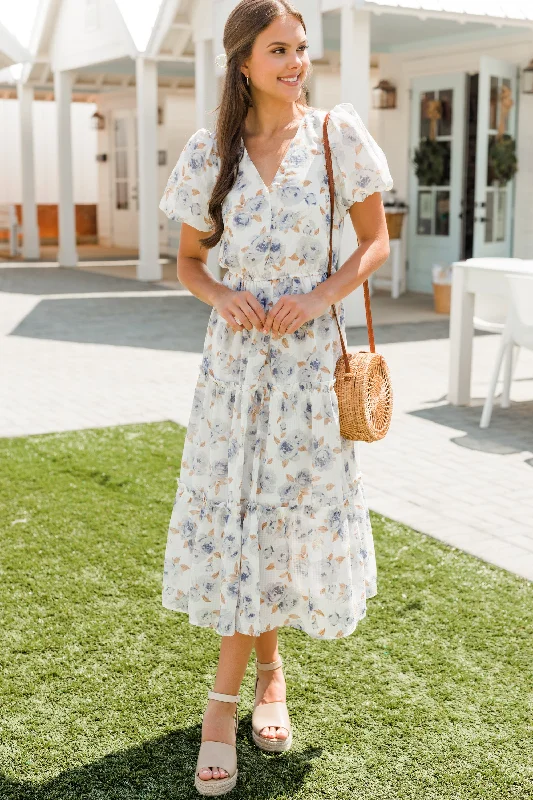 Women's Gathered DressesFeeling Present Light Blue Floral Midi Dress