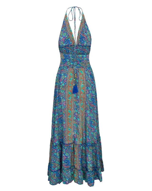 Women's Square-Neck DressesAmber Blossom Halter Maxi Dress - Blue Paisley