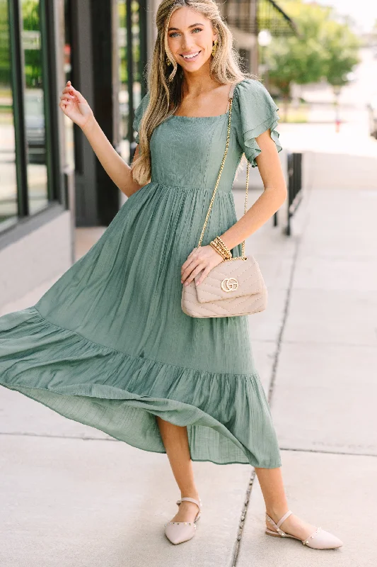 Women's Low Collar DressesAll Yours Deep Sage Green Ruffled Midi Dress