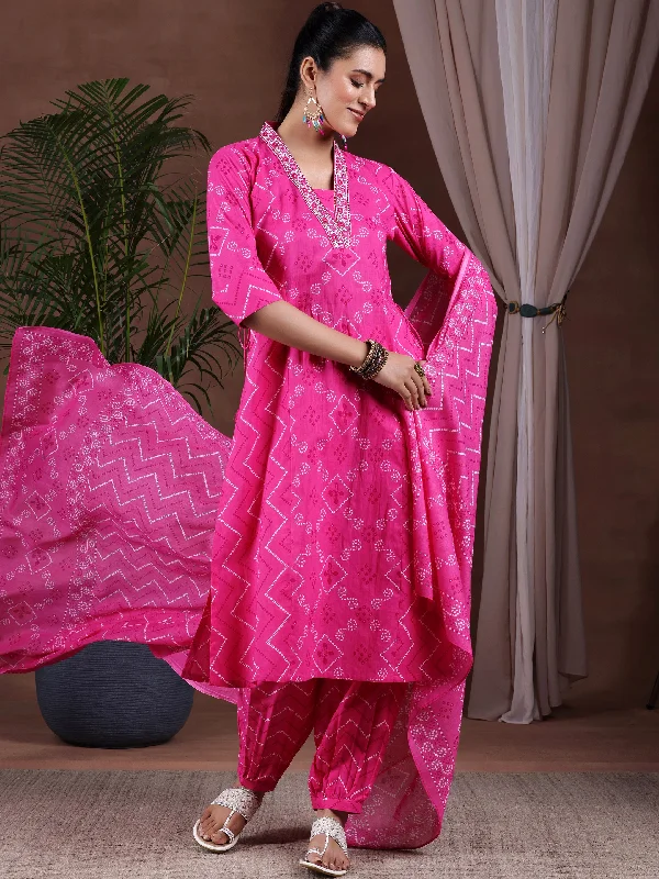 Women's Jumpsuits with Flared LegPink Printed Cotton A-Line Kurta With Salwar & Dupatta