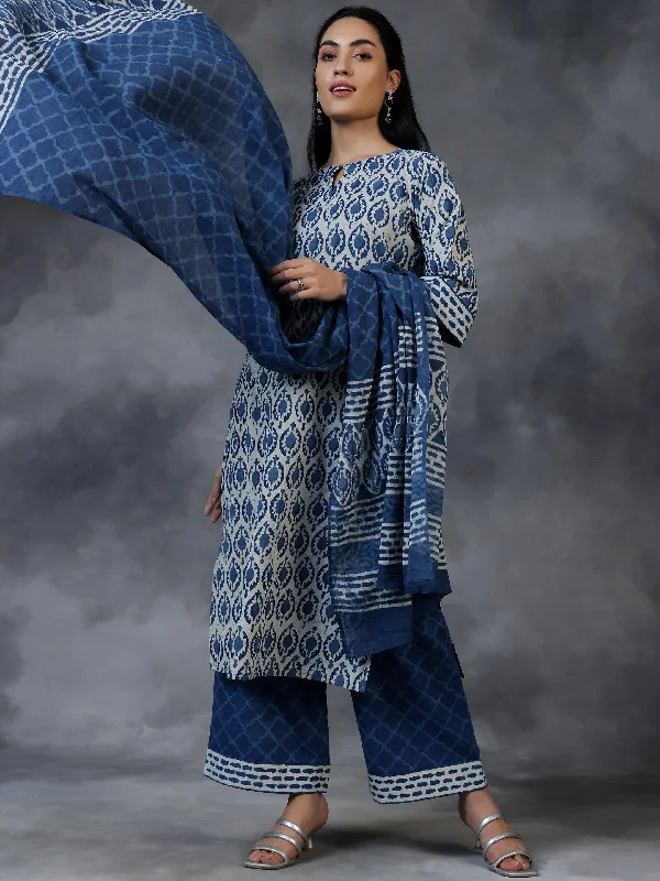 Women's Jumpsuits with Elastic WaistBlue Printed Cotton Straight Suit With Dupatta