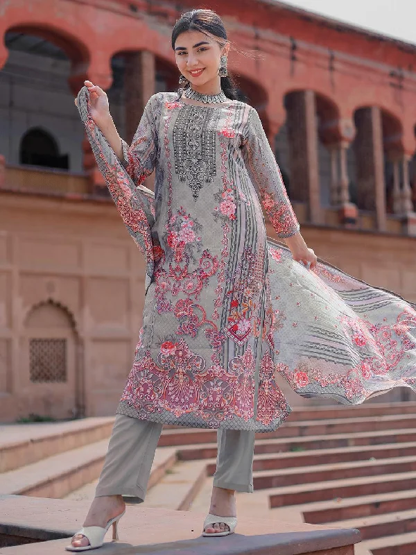 Women's Jumpsuits with Collarless DesignGrey Printed Silk Blend Pakistani Suit