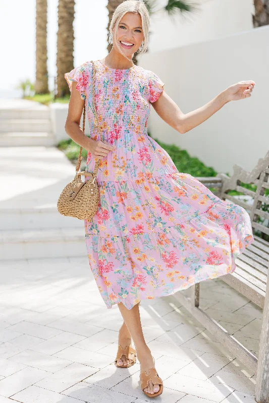 Women's Tiered DressesKeep You Close Peach Pink Floral Midi Dress