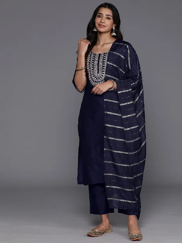 Women's Jumpsuits with Notched CollarBlue Yoke Design Silk Blend Straight Suit With Dupatta