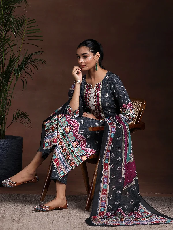 Women's Jumpsuits with Shirt CollarBlack Printed Poly Crepe Straight Suit With Dupatta