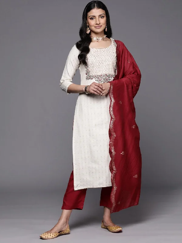 Women's Jumpsuits with U-Shaped CollarOff-White Yoke Design Cotton Straight Kurta With Trousers & Dupatta