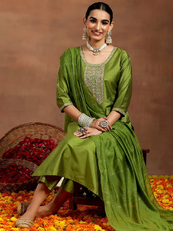 Women's Jumpsuits with Shirt CollarGreen Yoke Design Silk Blend Straight Suit With Dupatta