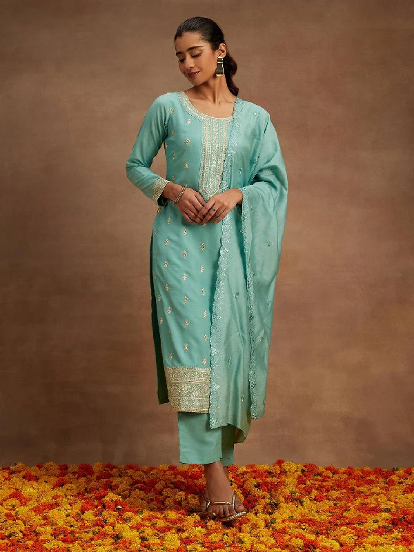 Women's Jumpsuits with Mandarin CollarGreen Embroidered Silk Straight Suit With Dupatta