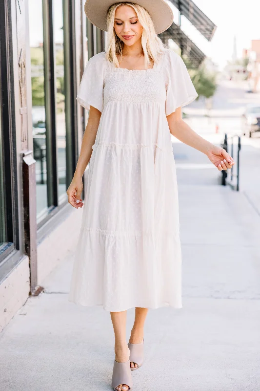 Women's V-Shaped Collar DressesSome Day Soon Eggshell White Midi Dress