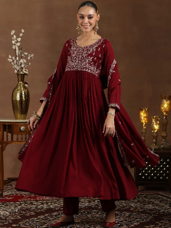 Women's Jumpsuits with Cropped LengthMaroon Yoke Design Silk Blend A-Line Kurta With Trousers & Dupatta