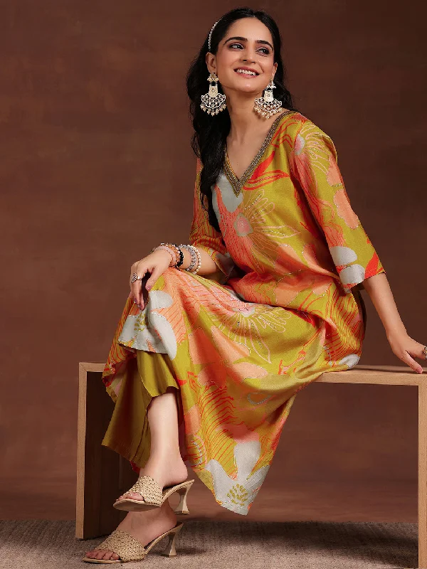 Women's Jumpsuits with Narrow CollarMustard Printed Silk Blend Co-Ords