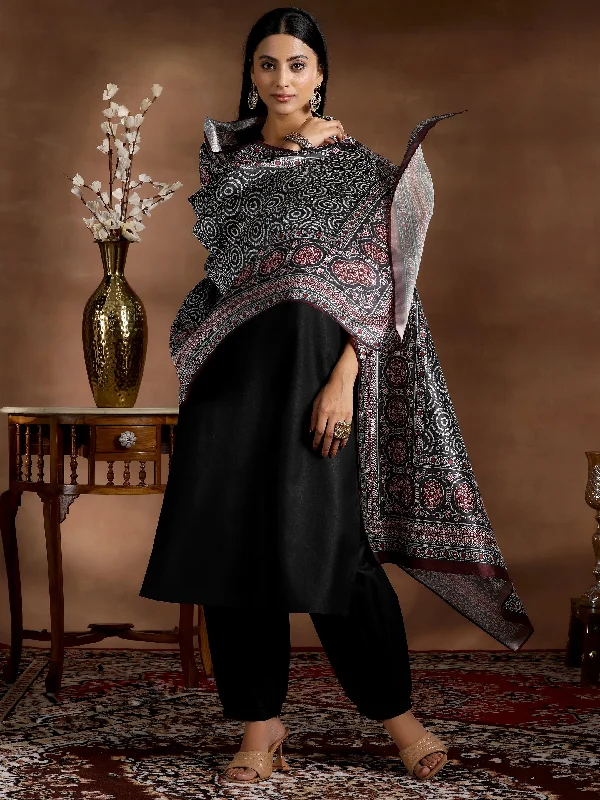 Women's Jumpsuits with High CollarBlack Solid Cotton Blend Straight Suit With Dupatta