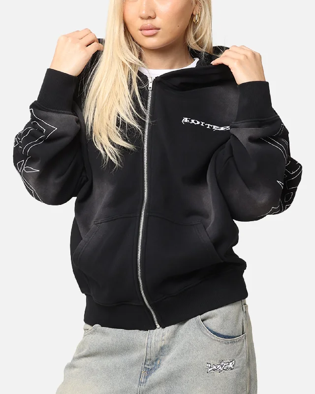 Women's Hooded Sweatshirts with Polyester LiningLoiter Atmosphere Full Zip Hoodie Vintage Black