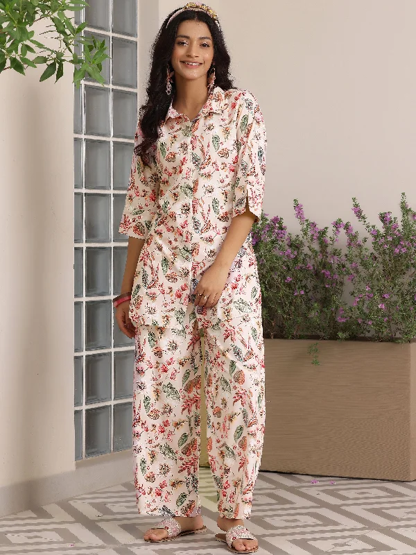 Women's Jumpsuits with Lapel CollarPeach Printed Silk Blend Co-Ords