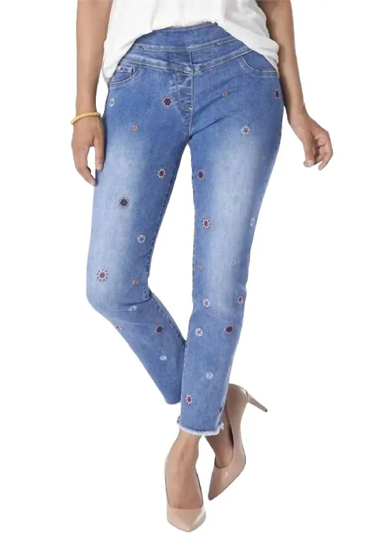 Women's Jodhpurs with Wide CollarAsra Tummy Control Embroidered Denim Capris In Medium Wash